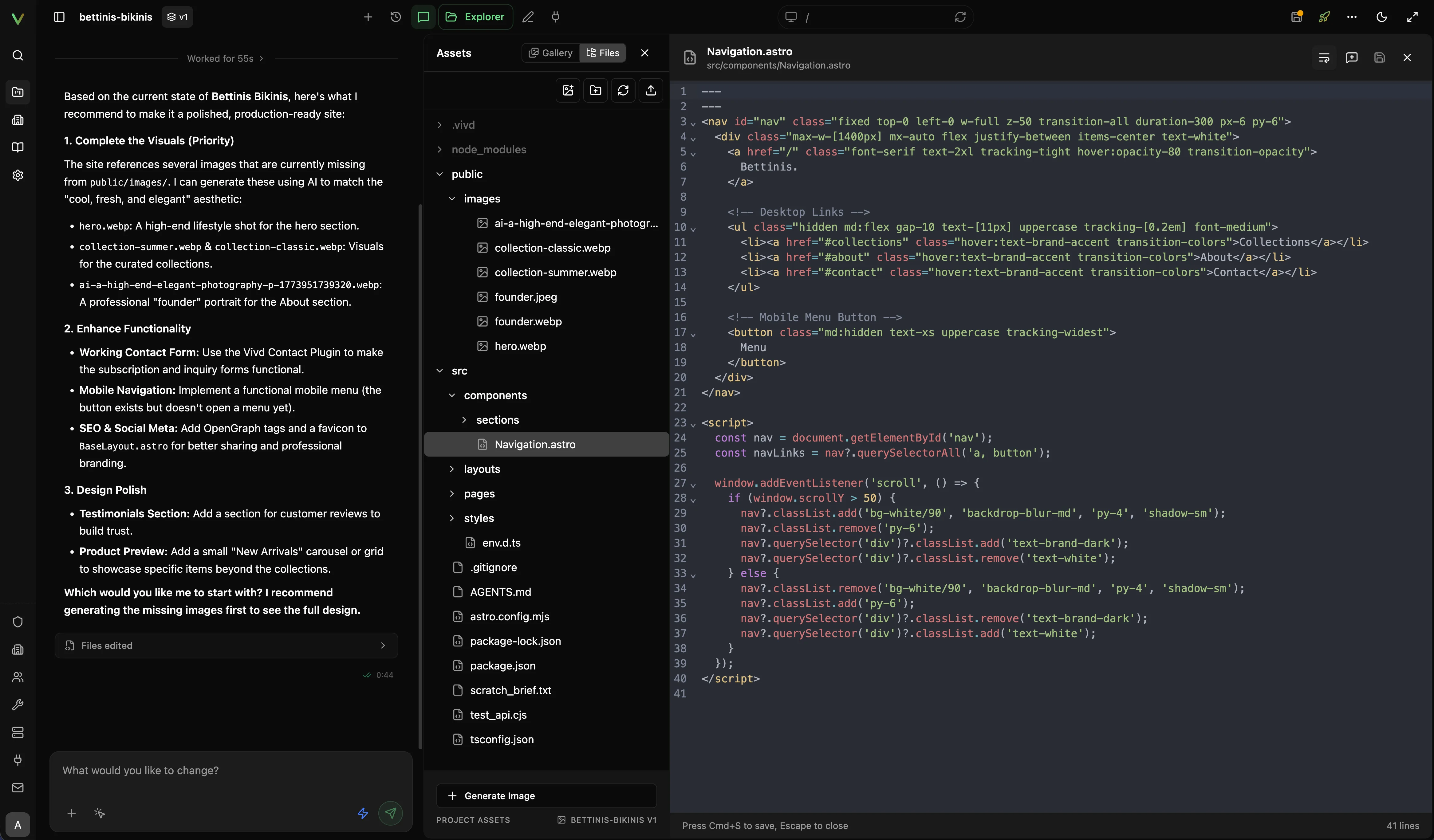 Vivd Studio explorer with project files on the left and source code open on the right.