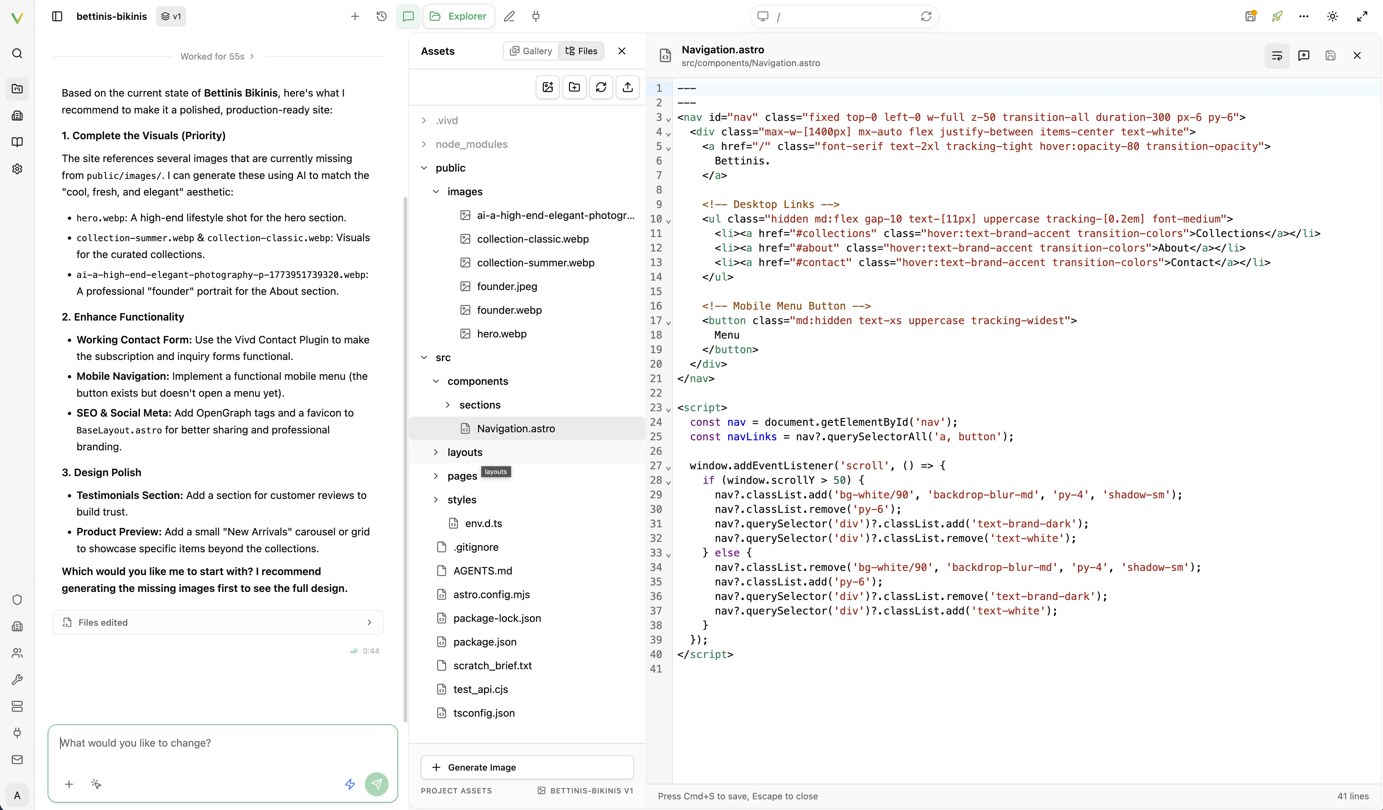 Vivd Studio explorer with project files on the left and source code open on the right.