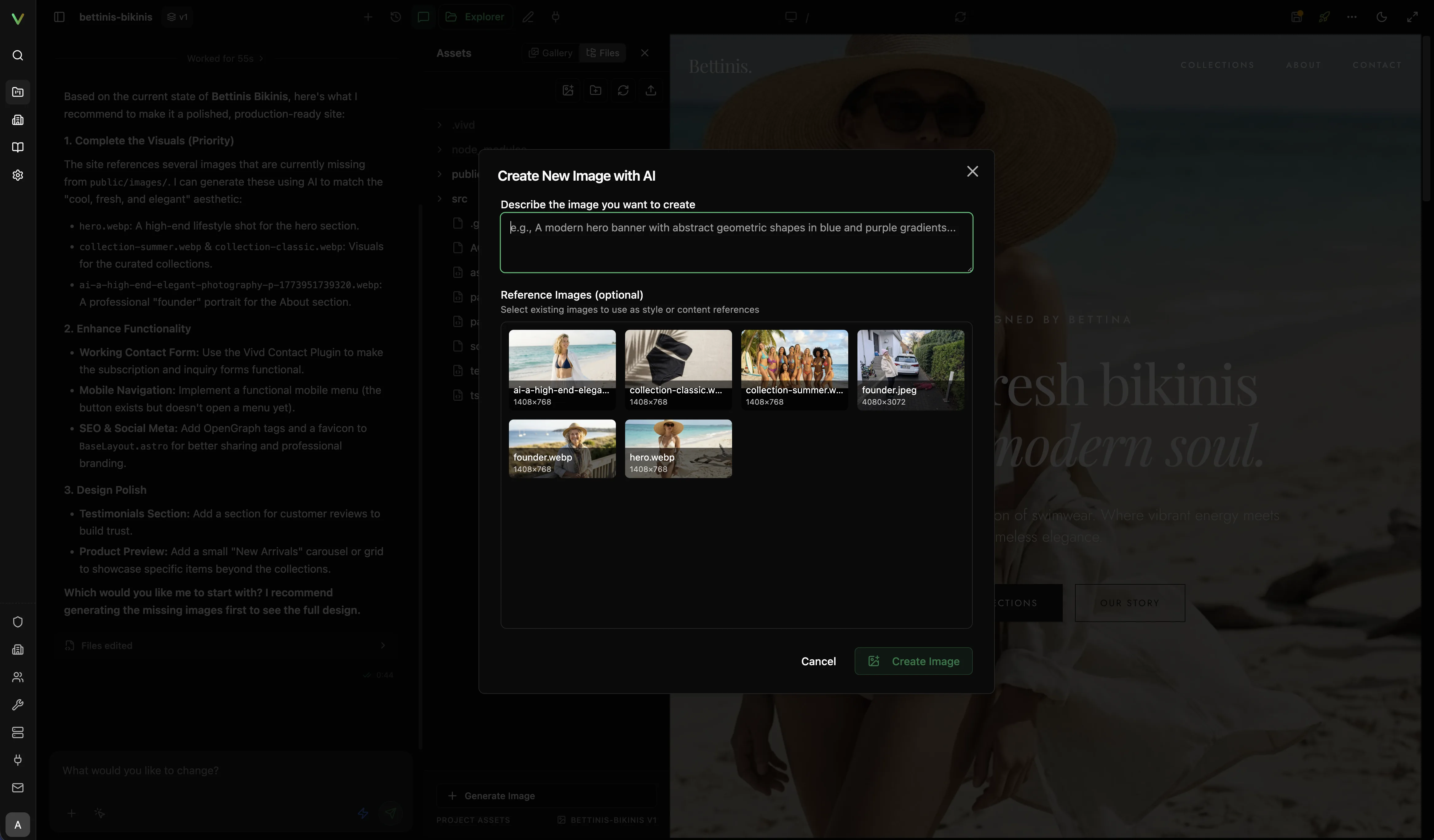 Vivd AI image creation modal with prompt input and reference image selection.