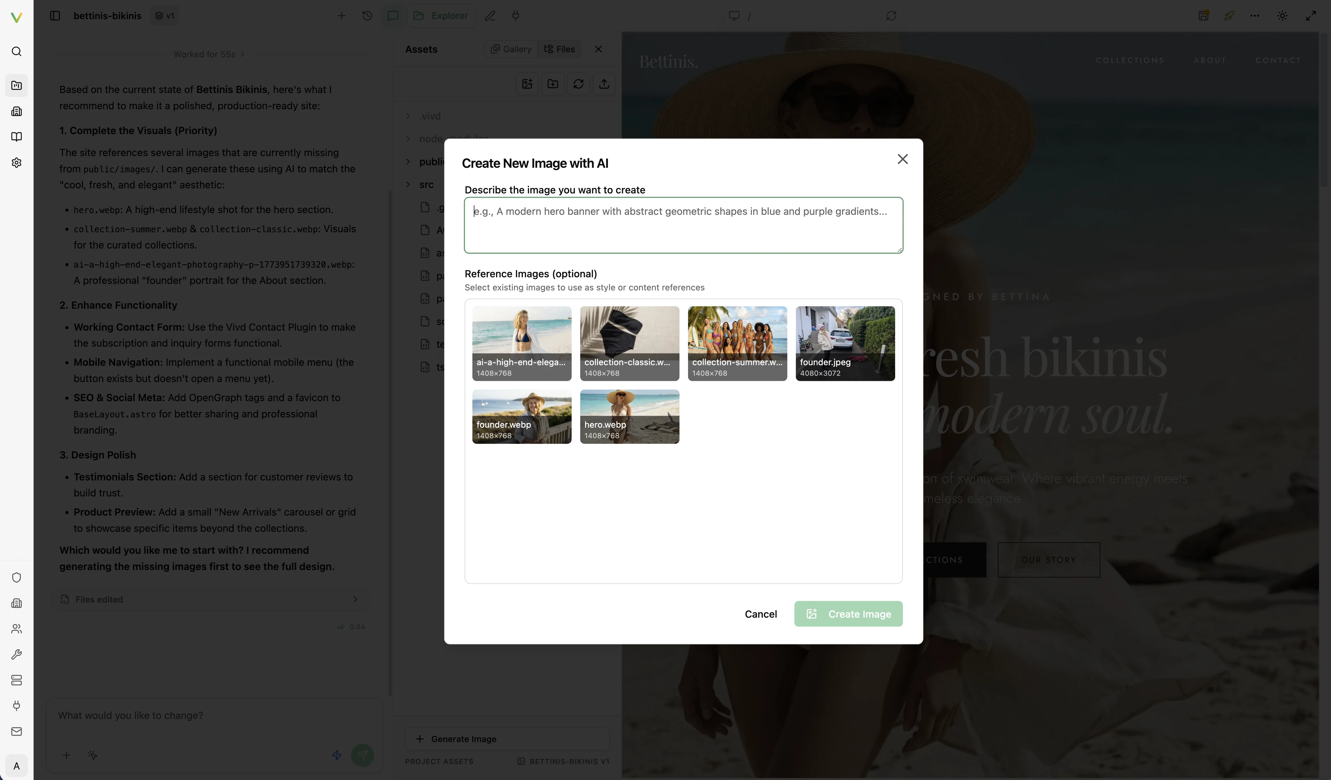 Vivd AI image creation modal with prompt input and reference image selection.