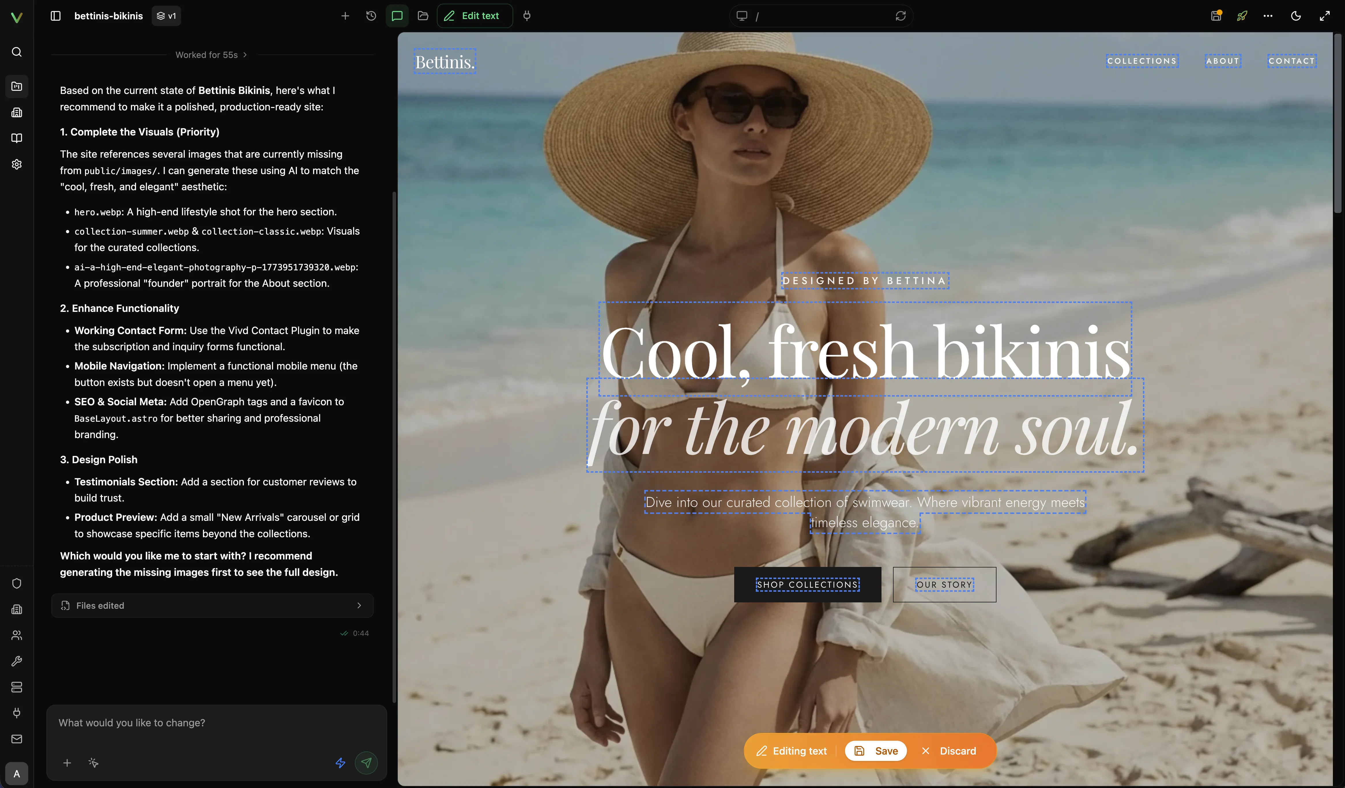 Vivd Studio in edit mode with the live preview, selected text regions, and agent chat visible.