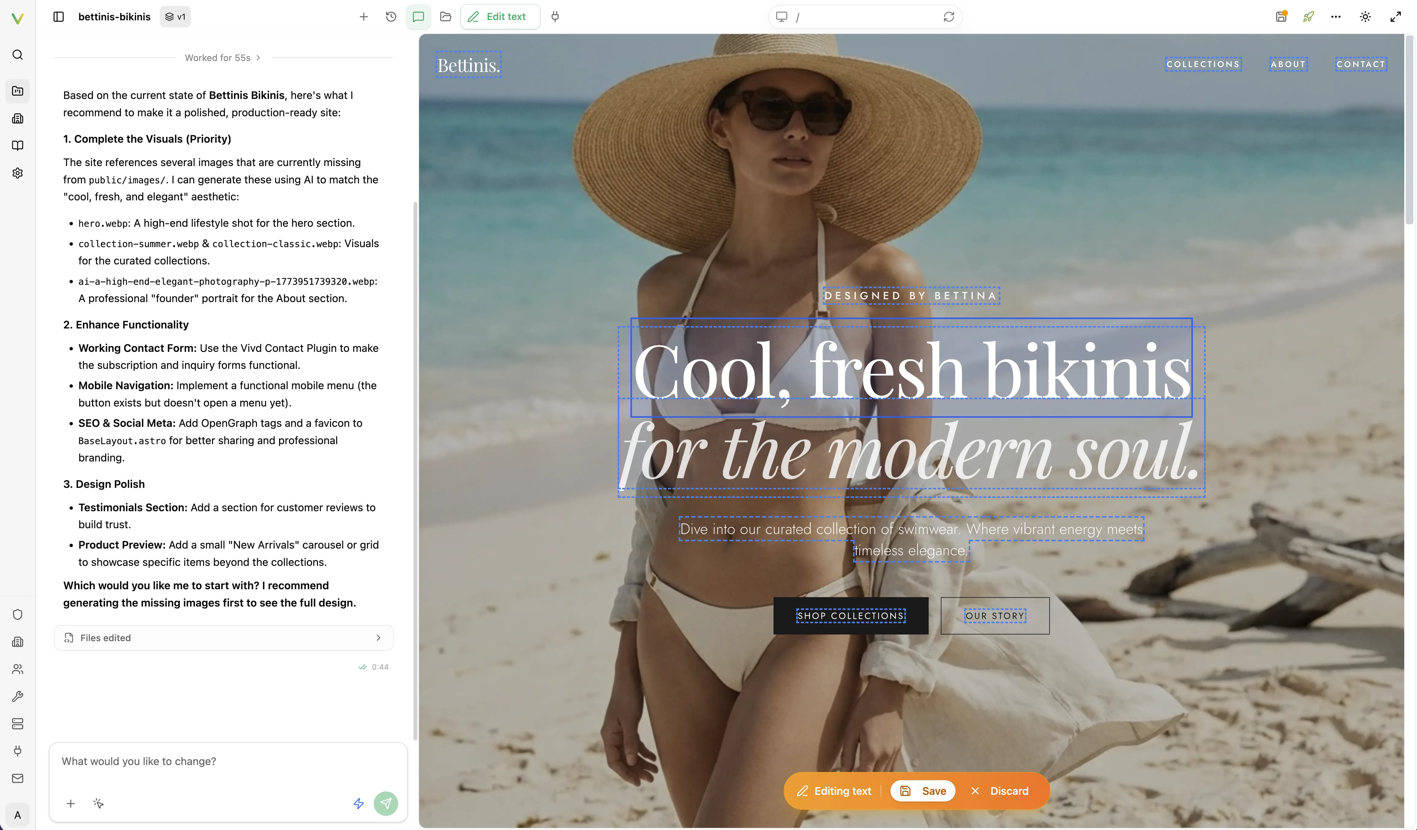 Vivd Studio in edit mode with the live preview, selected text regions, and agent chat visible.