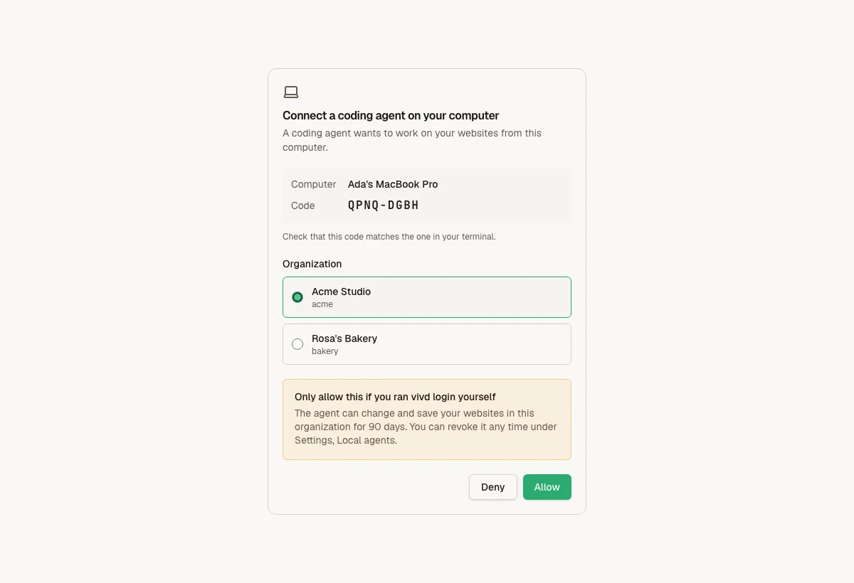 The Vivd page that asks you to allow a coding agent on your computer, with the computer name, the code, and the organization choice.
