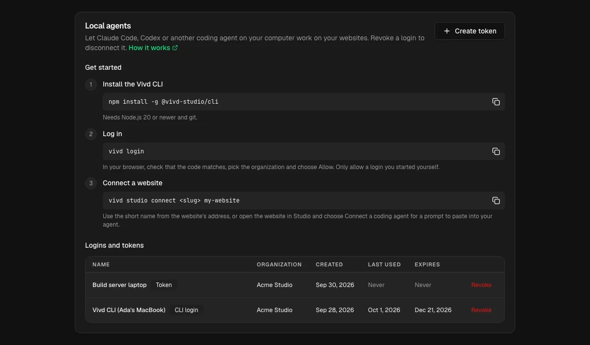 Account settings, Local agents: the install, log in and connect steps, then a list of logins and tokens with their organization, dates, and a Revoke action.