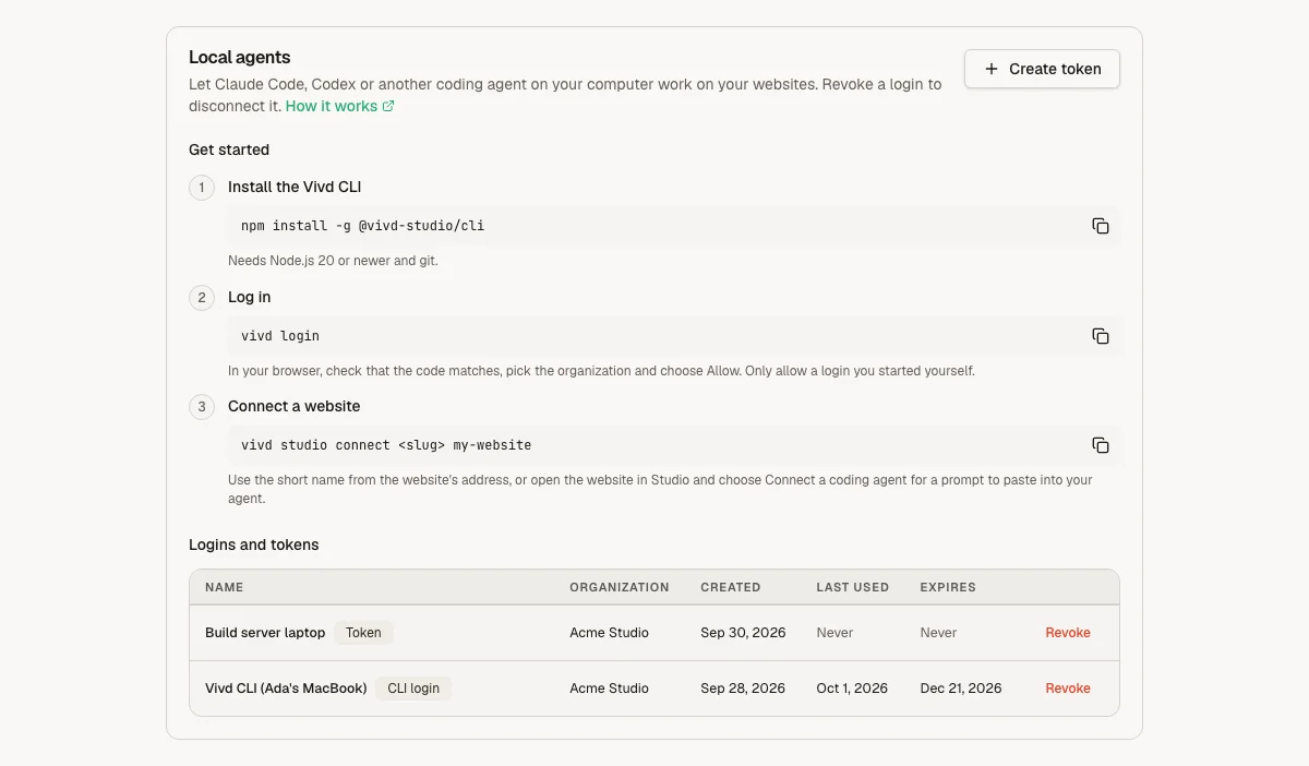 Account settings, Local agents: the install, log in and connect steps, then a list of logins and tokens with their organization, dates, and a Revoke action.