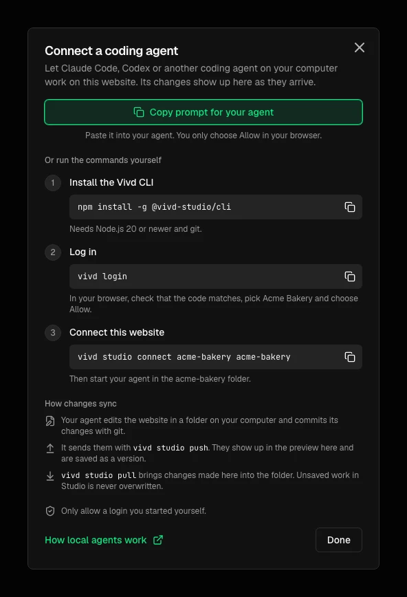 The Connect a coding agent dialog in Studio, with the Copy prompt for your agent button, the three commands to run by hand and a short summary of how changes sync.