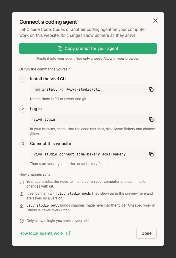 The Connect a coding agent dialog in Studio, with the Copy prompt for your agent button, the three commands to run by hand and a short summary of how changes sync.