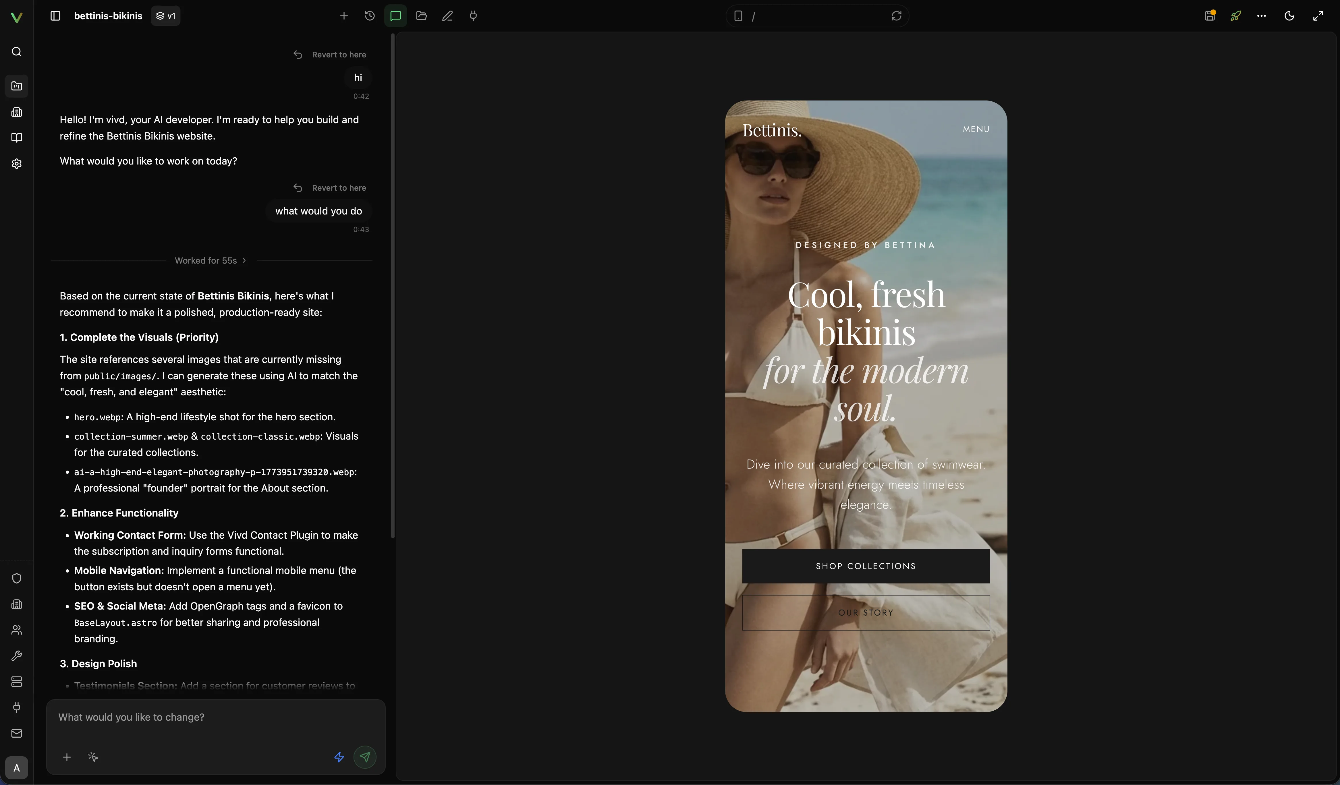 Vivd Studio showing a mobile page preview during a final review.