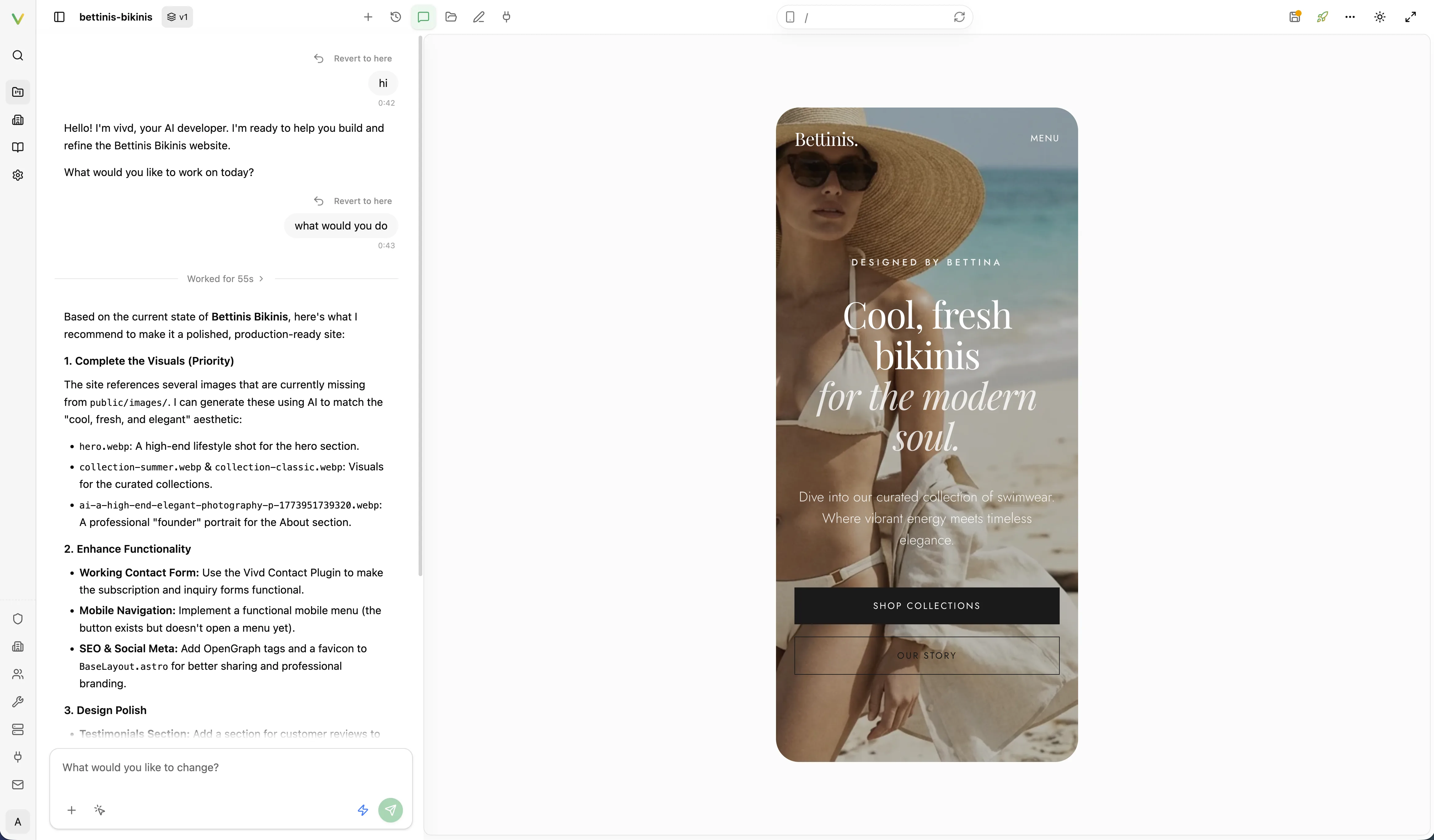 Vivd Studio showing a mobile page preview during a final review.
