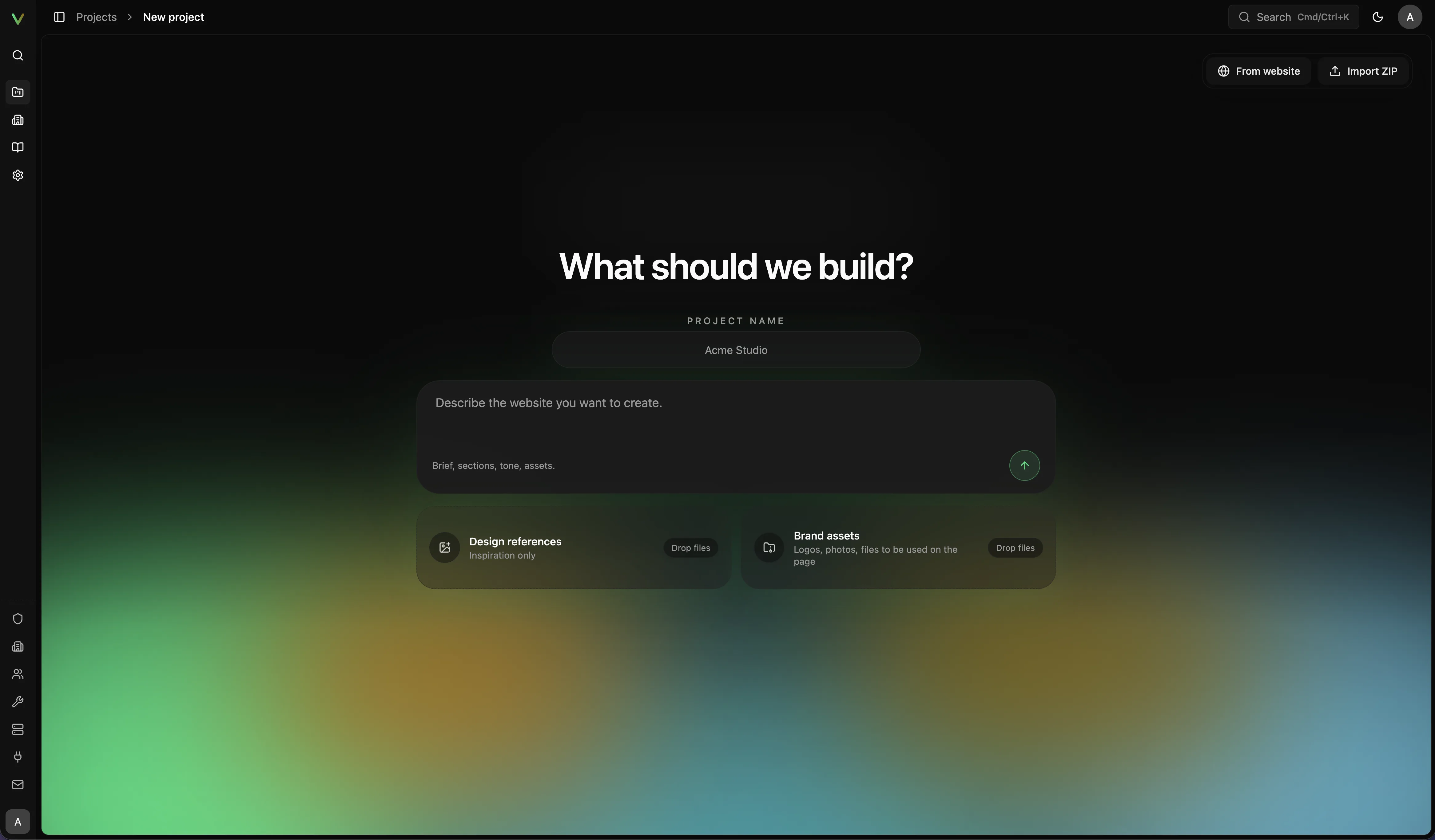 Vivd new-project flow with a prompt area, design references, and brand asset inputs.