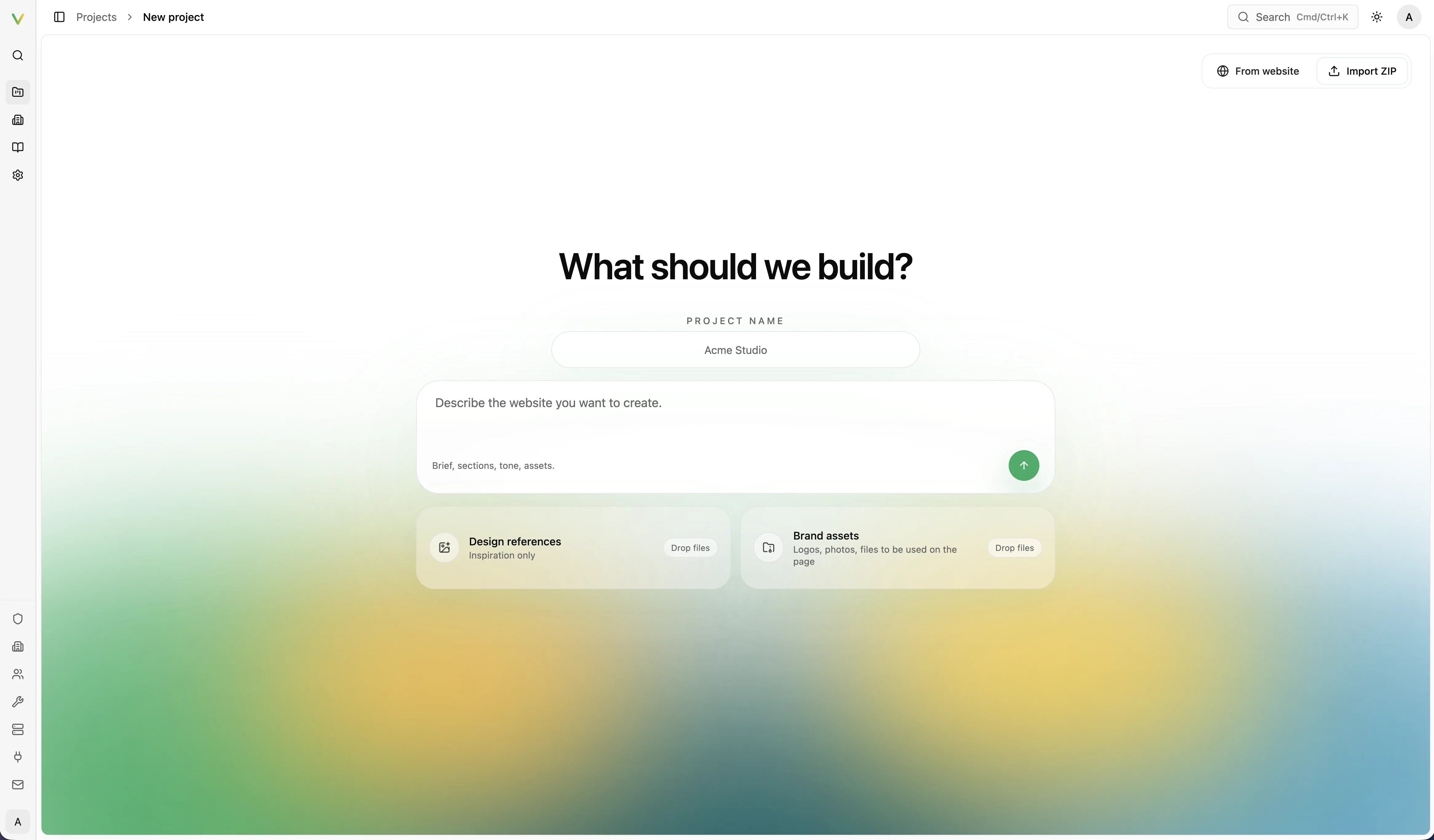 Vivd new-project flow with a prompt area, design references, and brand asset inputs.