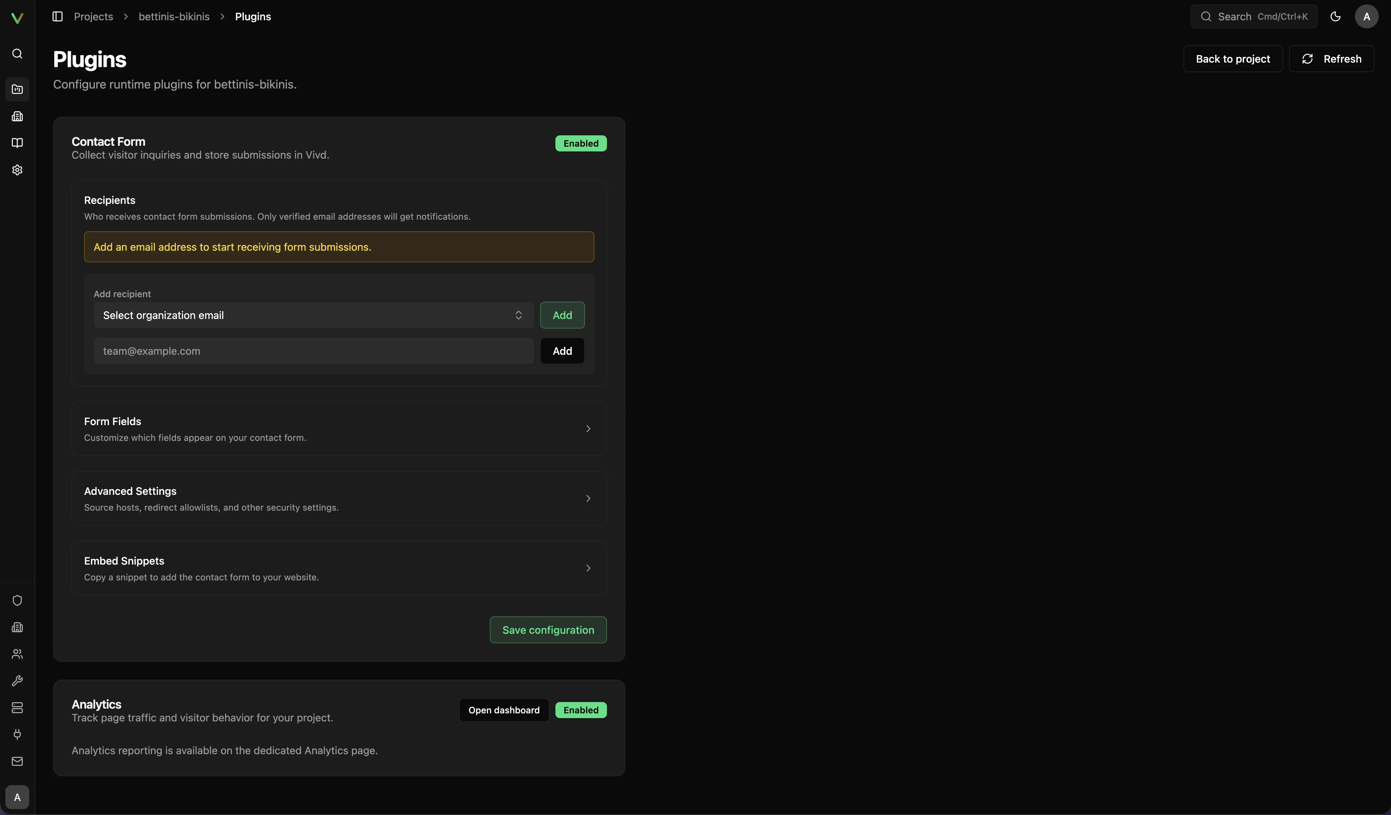 Vivd project plugin settings with Contact Form recipients and configuration sections.