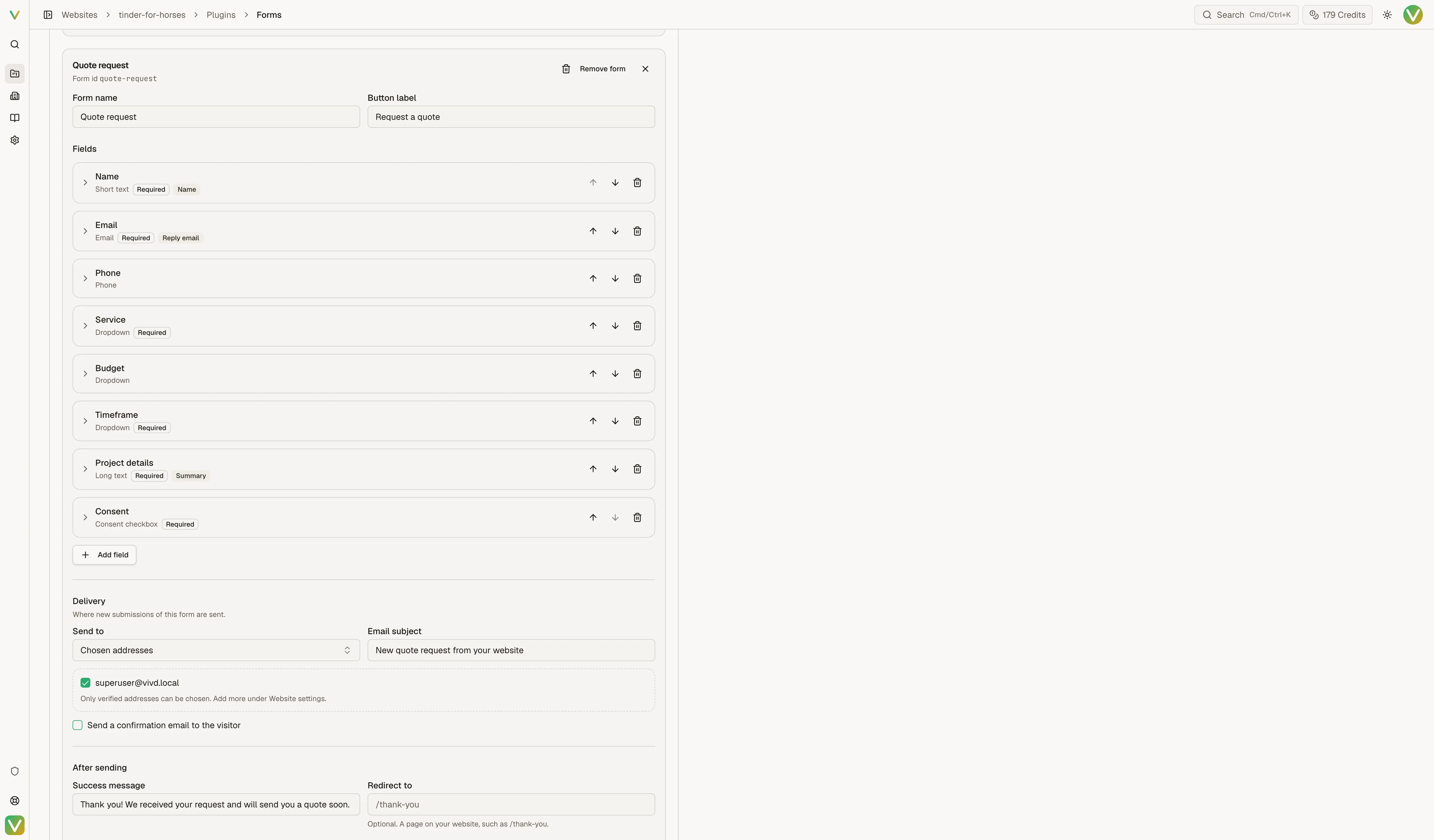 The Forms page with a quote request open: its fields, where submissions are sent, and what visitors see after sending.