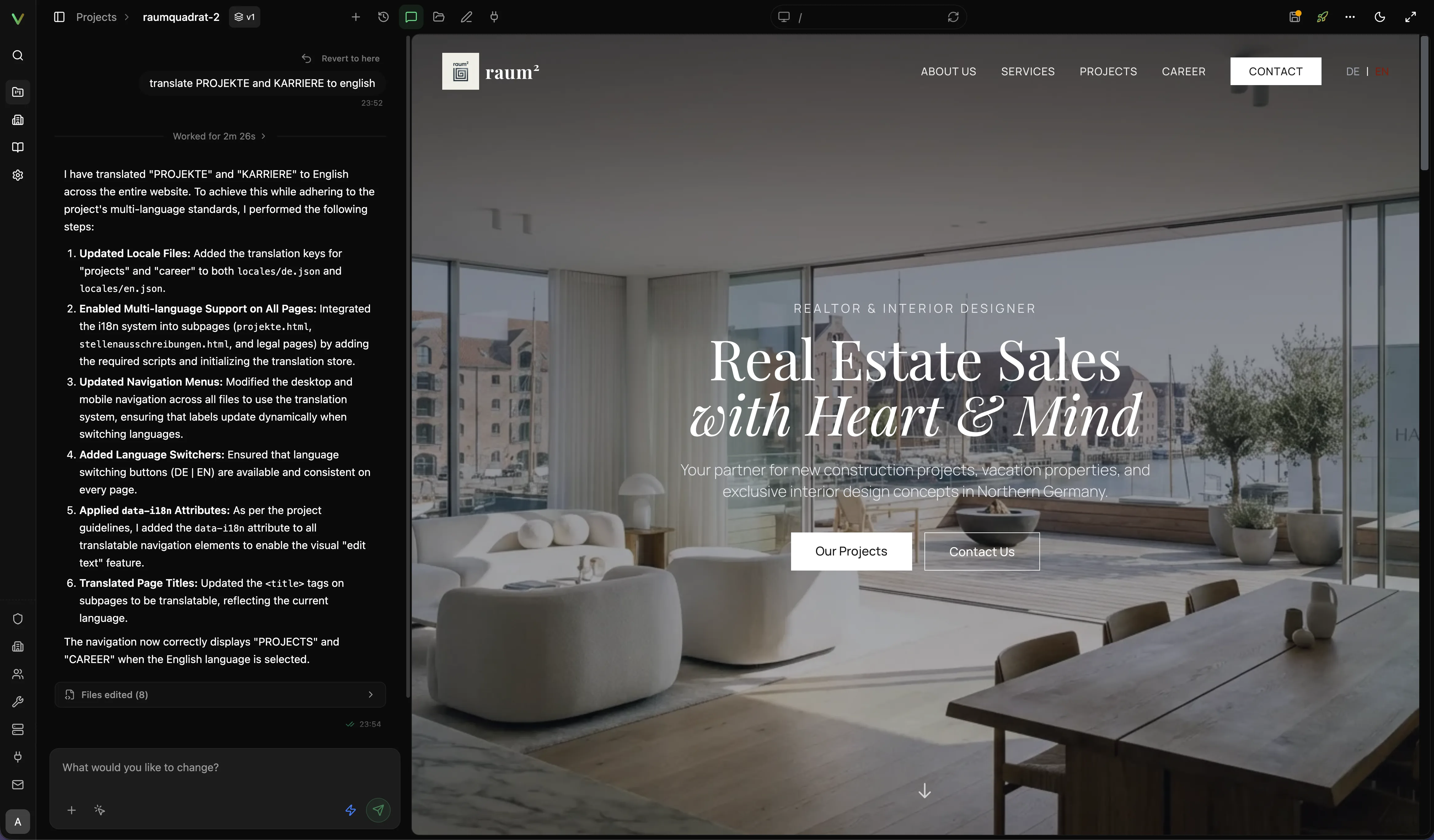 Vivd Studio workspace with a live site preview and agent chat open.