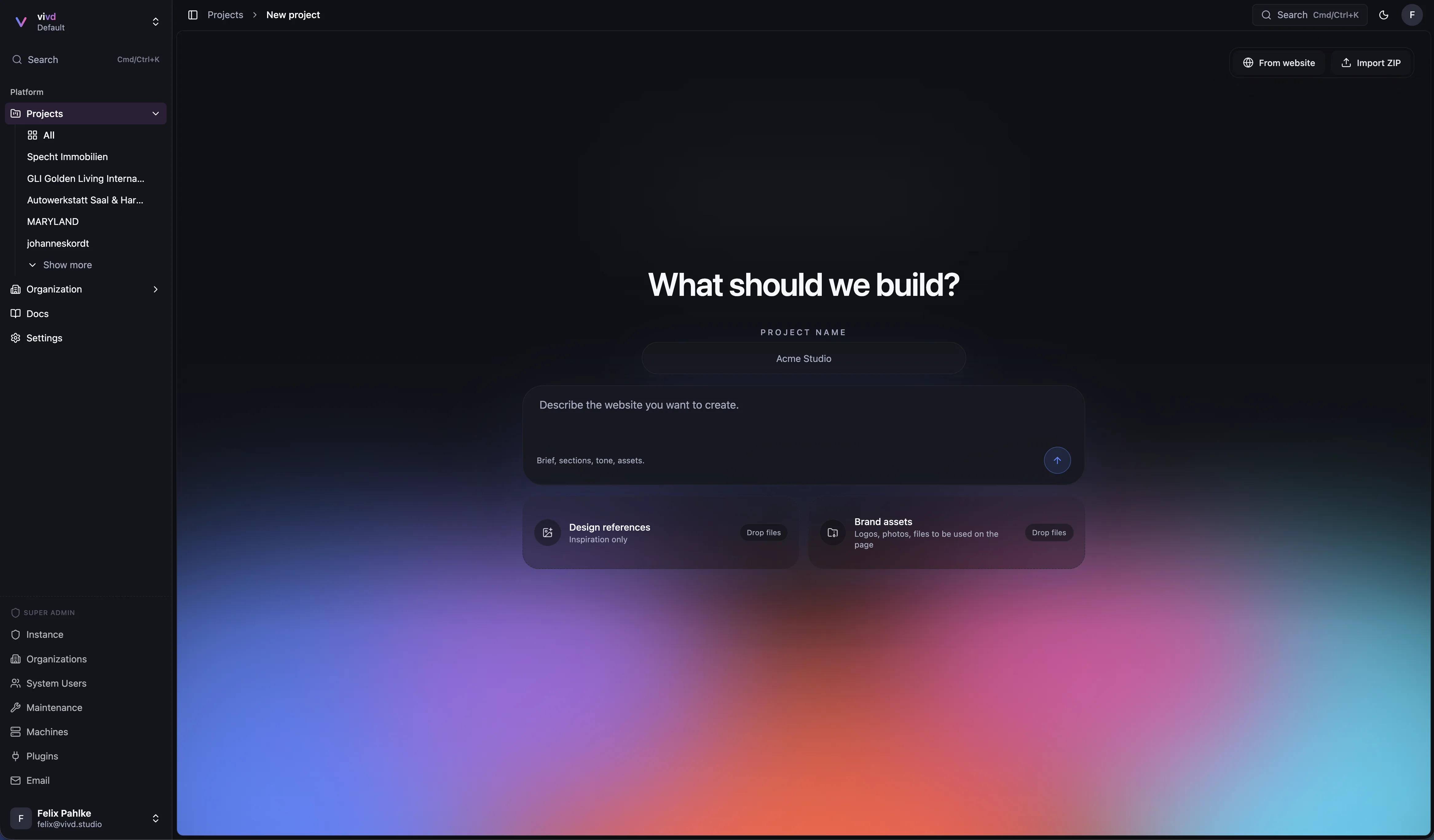 Vivd new-project flow with fields for a site brief, design references, and brand assets.