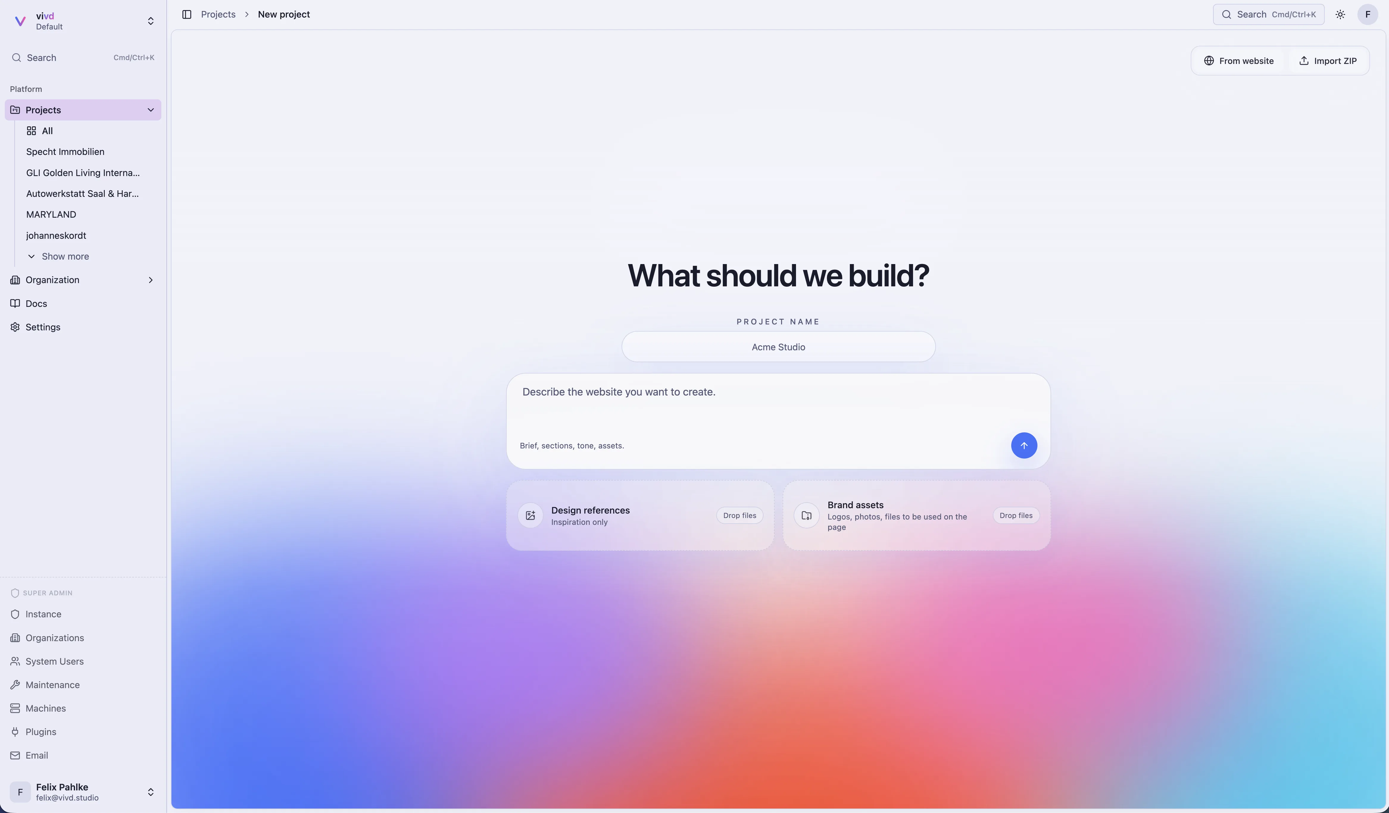Vivd new-project flow with fields for a site brief, design references, and brand assets.